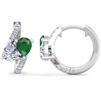1 1/2 Carat Emerald and Lab Grown Diamond Hoop Earrings In 14 Karat White Gold