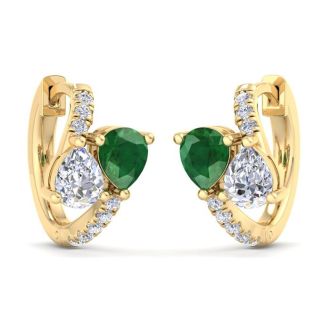 1 1/2 Carat Emerald and Lab Grown Diamond Hoop Earrings In 14 Karat Yellow Gold