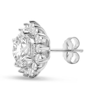 5 Carat Lab Grown Diamond Halo Stud Earrings In 14 Karat White Gold, 2 Carat Center Diamond!