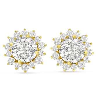 5 Carat Lab Grown Diamond Halo Stud Earrings In 14 Karat Yellow Gold, 2 Carat Center Diamond!