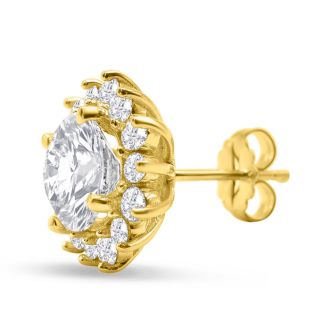 5 Carat Lab Grown Diamond Halo Stud Earrings In 14 Karat Yellow Gold, 2 Carat Center Diamond!