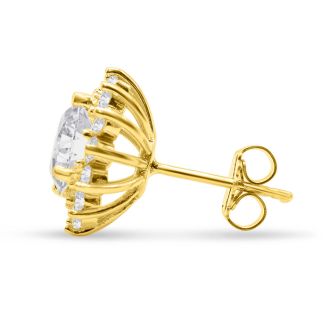 5 Carat Lab Grown Diamond Halo Stud Earrings In 14 Karat Yellow Gold, 2 Carat Center Diamond!