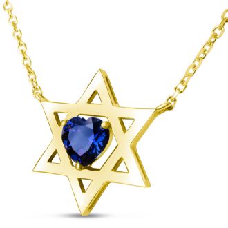 Star of David Star of David Necklace With 3/4 Carat Heart Shape Created Sapphire In 14K Yellow Gold, 16-18 InchesWith 3/4 Carat Heart Shape Created Sapphire In 14K White Gold