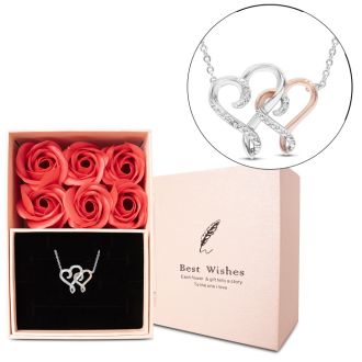 Diamond Two-Tone Heart Necklace, 18 Inches.  Finely Crafted, Beautiful Necklace!  With 1/2 Dozen InfiniLove Roses In Giftable Box
