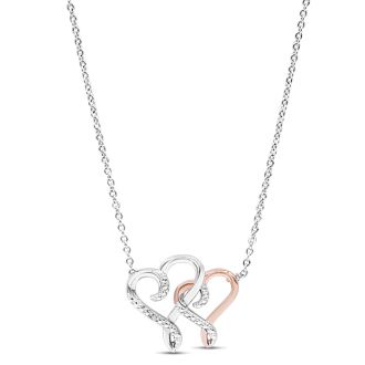Diamond Two-Tone Heart Necklace, 18 Inches.  Finely Crafted, Beautiful Necklace!  With 1/2 Dozen InfiniLove Roses In Giftable Box