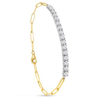 1 1/2 Carat Lab Grown Diamond Tennis Bracelet On 14 Karat Yellow Gold Paperclip Chain, 7 Inches