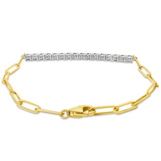 1 1/2 Carat Lab Grown Diamond Tennis Bracelet On 14 Karat Yellow Gold Paperclip Chain, 7 Inches