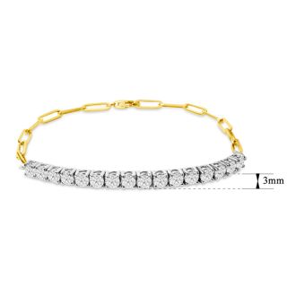 1 1/2 Carat Lab Grown Diamond Tennis Bracelet On 14 Karat Yellow Gold Paperclip Chain, 7 Inches