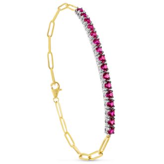 1 1/2 Carat Ruby Tennis Bracelet On 14 Karat Yellow Gold Paperclip Chain, 7 Inches