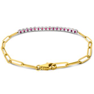 1 1/2 Carat Ruby Tennis Bracelet On 14 Karat Yellow Gold Paperclip Chain, 7 Inches