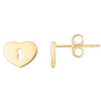Heart Padlock Stud Earrings In 14 Karat Yellow Gold