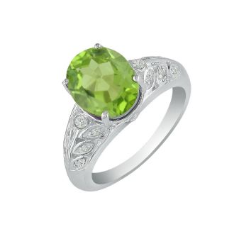 1 3/4 Carat Oval Shape Peridot and Diamond Ring in 14 Karat White Gold