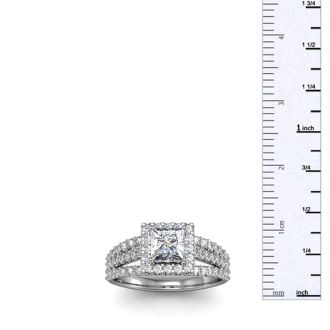 1 1/2 Carat Triple Band Princess Cut Halo Diamond Engagement Ring in 14 Karat White Gold