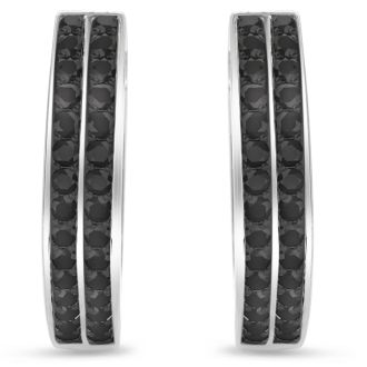 1ct Black Diamond Two Row Hoop Earrings In Platinum Overlay, 3/4 Inch. Brand New Item!