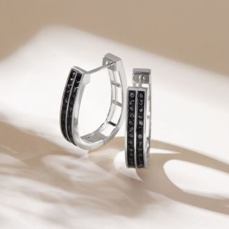 1ct Black Diamond Two Row Hoop Earrings In Platinum Overlay, 3/4 Inch. Brand New Item!