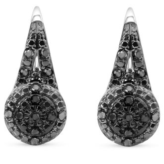 Nearly 1/2 Carat Black Diamond Double Halo Leverback Hoop Earrings, 3/4 Inch