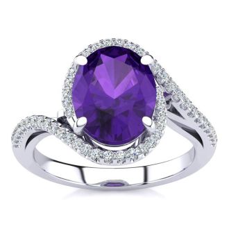 2 1/2 Carat Oval Shape Amethyst and Halo Diamond Ring In 14 Karat White Gold