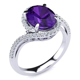 2 1/2 Carat Oval Shape Amethyst and Halo Diamond Ring In 14 Karat White Gold