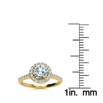 Moissanite Engagement Ring; 1 Carat Round Shape Halo Moissanite Engagement Ring In 14 Karat Yellow Gold