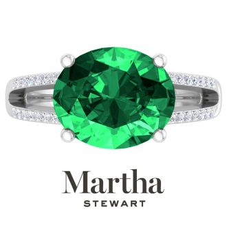Martha Stewart 4 1/2 Carat Oval Shape Emerald and Lab Grown Diamond Ring In Sterling Silver