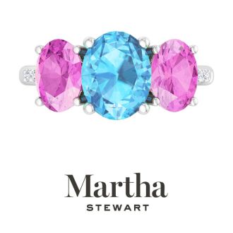 Martha Stewart 5 Carat Oval Shape Blue Topaz, Pink Sapphire and Lab Grown Diamond Three Stone Plus Ring In Sterling Silver