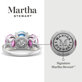 Martha Stewart 5 Carat Oval Shape Blue Topaz, Pink Sapphire and Lab Grown Diamond Three Stone Plus Ring In Sterling Silver