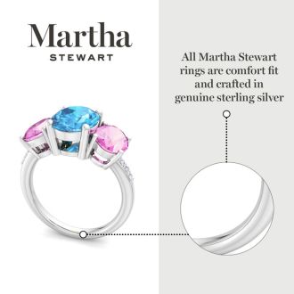 Martha Stewart 5 Carat Oval Shape Blue Topaz, Pink Sapphire and Lab Grown Diamond Three Stone Plus Ring In Sterling Silver