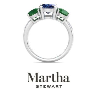 Martha Stewart 5 Carat Oval Shape Sapphire, Emerald and Lab Grown Diamond Three Stone Plus Ring In Sterling Silver