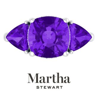 Martha Stewart 8 Carat Cushion Amethyst and Lab Grown Diamond Three Stone Plus Ring In Sterling Silver