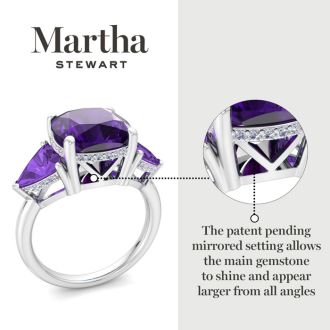Martha Stewart 8 Carat Cushion Amethyst and Lab Grown Diamond Three Stone Plus Ring In Sterling Silver