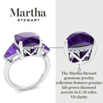 Martha Stewart 8 Carat Cushion Amethyst and Lab Grown Diamond Three Stone Plus Ring In Sterling Silver