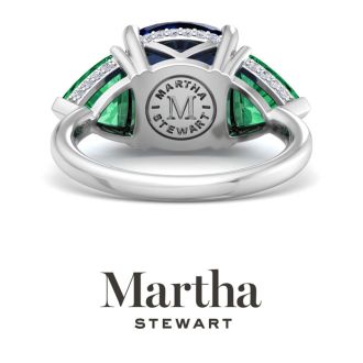 Martha Stewart 8 Carat Cushion Sapphire, Emerald and Lab Grown Diamond Three Stone Plus Ring In Sterling Silver