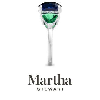 Martha Stewart 8 Carat Cushion Sapphire, Emerald and Lab Grown Diamond Three Stone Plus Ring In Sterling Silver