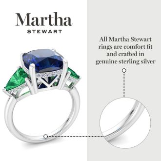 Martha Stewart 8 Carat Cushion Sapphire, Emerald and Lab Grown Diamond Three Stone Plus Ring In Sterling Silver