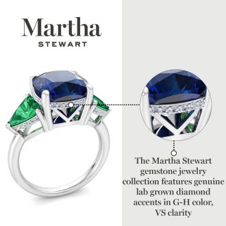 Martha Stewart 8 Carat Cushion Sapphire, Emerald and Lab Grown Diamond Three Stone Plus Ring In Sterling Silver