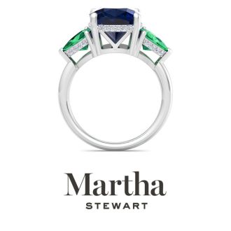 Martha Stewart 8 Carat Cushion Sapphire, Emerald and Lab Grown Diamond Three Stone Plus Ring In Sterling Silver