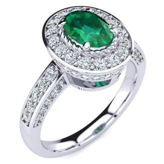 Estate Jewelry 1-2/3 Carat Oval Shape Emerald and Halo Diamond Ring In 14 Karat White Gold , Size 7.5
