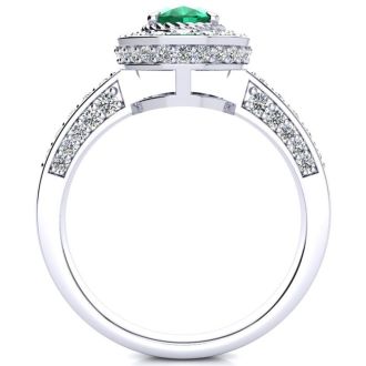 Estate Jewelry 1-2/3 Carat Oval Shape Emerald and Halo Diamond Ring In 14 Karat White Gold , Size 7.5