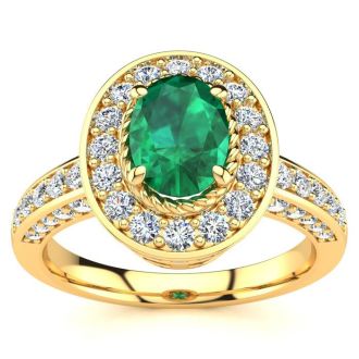 Estate Jewelry - 1/2 Carat Oval Shape Emerald and Halo Diamond Ring In 14 Karat Yellow Gold, Size 7.5