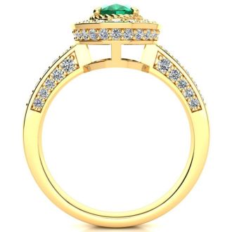 Estate Jewelry - 1/2 Carat Oval Shape Emerald and Halo Diamond Ring In 14 Karat Yellow Gold, Size 7.5