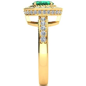 Estate Jewelry - 1/2 Carat Oval Shape Emerald and Halo Diamond Ring In 14 Karat Yellow Gold, Size 7.5