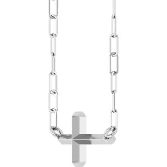 14 Karat White Gold Sideways Cross With Paperclip Chain Necklace, 11x7mm