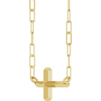 14 Karat Yellow Gold Sideways Cross With Paperclip Chain Necklace, 11x7mm
