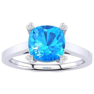 2ct Cushion Cut Blue Topaz and Diamond Ring in 10K White Gold