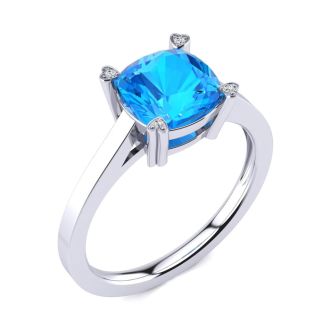 2ct Cushion Cut Blue Topaz and Diamond Ring in 10K White Gold