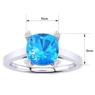2ct Cushion Cut Blue Topaz and Diamond Ring in 10K White Gold