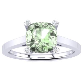 2ct Cushion Cut Green Amethyst and Diamond Ring in 10K White Gold