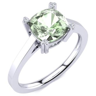 2ct Cushion Cut Green Amethyst and Diamond Ring in 10K White Gold