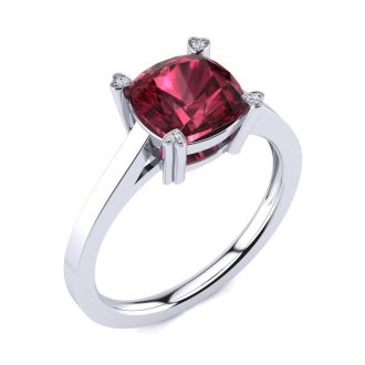 Garnet Ring: Garnet Jewelry: 2ct Cushion Cut Garnet and Diamond Ring in 10K White Gold