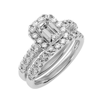 Previously Owned 2 1/2 Carat Emerald Cut Halo Lab Grown Diamond Bridal Set In 14 Karat White Gold, Size 8.5